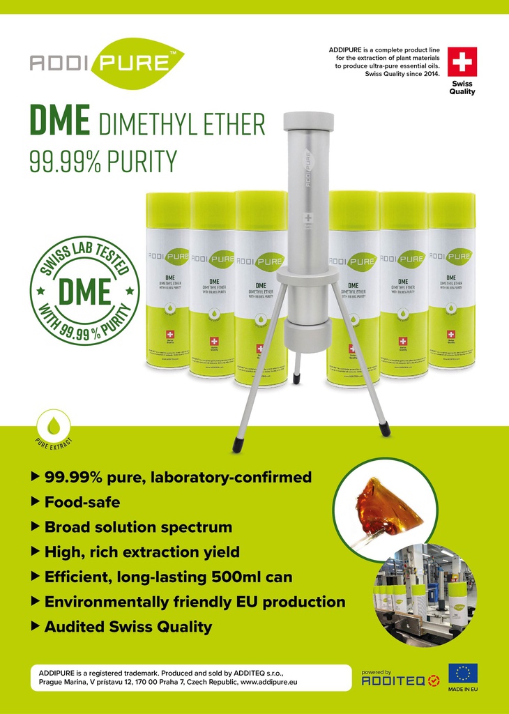 ADDIPURE Dimethyl Ether (DME), 500 ml can. Organic extraction gas. Certified 99.99% purity. Food safe. Wide solution spectrum. High extraction yield. Swiss quality.