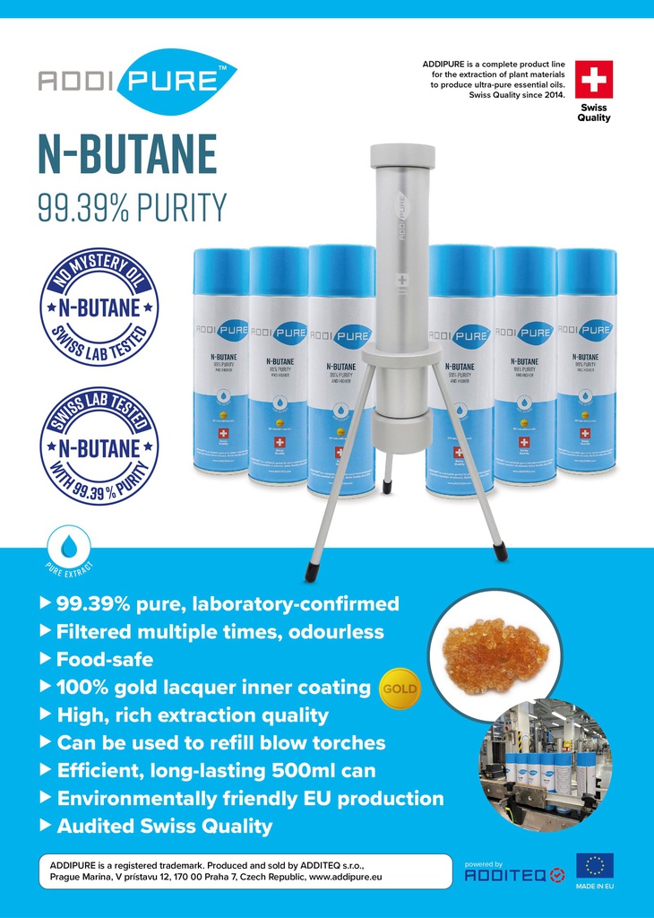 ADDIPURE n-Butane, 500ml can. Organic extraction gas. Certified 99.39% purity. Food-safe. Odourless, filtered multiple times. High extract yield. Swiss quality.